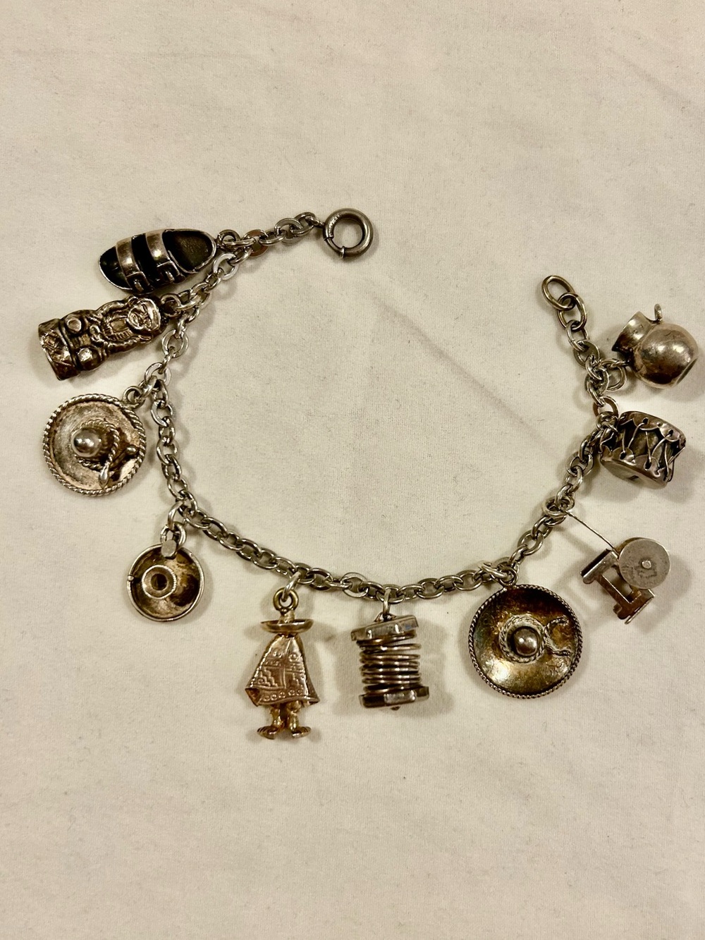 Sterling Silver Bracelet with 10 Charms